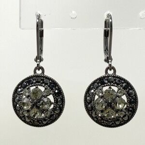Givenchy Gunmetal Tone Drop Earrings Round‎ Crystal Embellished Lever Back